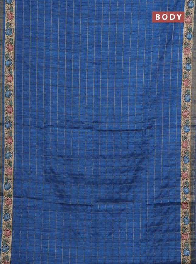 Blue & Beige Semi Tussar Saree - Kalamkari Prints