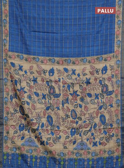 Blue & Beige Semi Tussar Saree - Kalamkari Prints