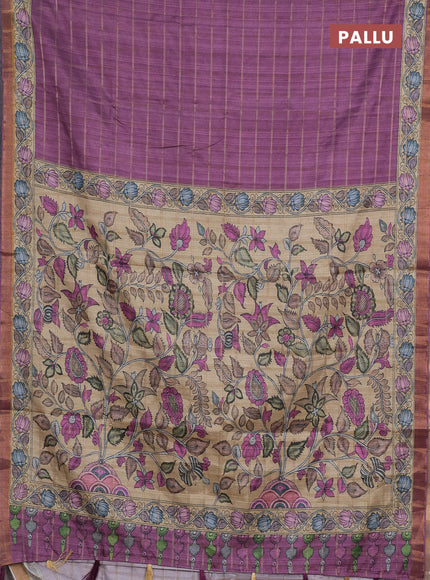Mauve Pink & Beige Semi Tussar Saree - Kalamkari Prints