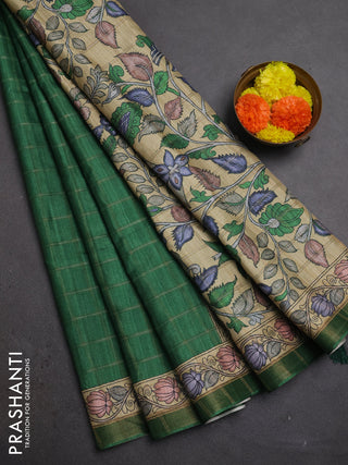 Green & Beige Semi Tussar Saree - Kalamkari Prints