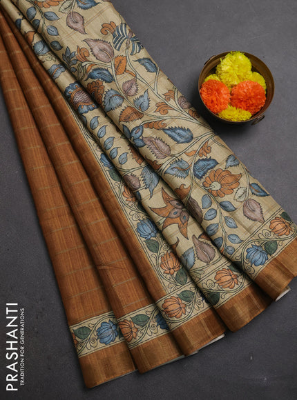 Mustard Yellow & Beige Semi Tussar Saree - Kalamkari Prints