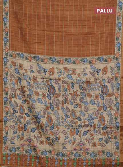 Mustard Yellow & Beige Semi Tussar Saree - Kalamkari Prints
