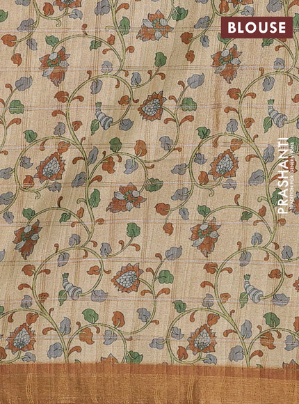 Mustard Yellow & Beige Semi Tussar Saree - Kalamkari Prints