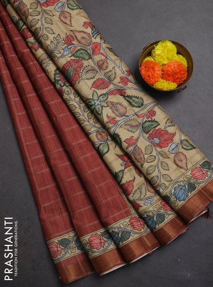 Rust & Beige Semi Tussar Saree - Kalamkari Prints