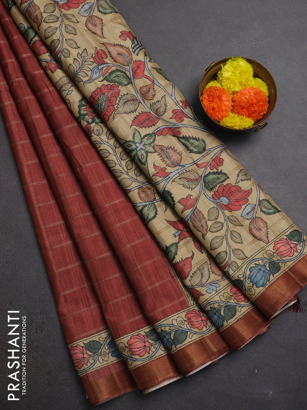 Rust & Beige Semi Tussar Saree - Kalamkari Prints