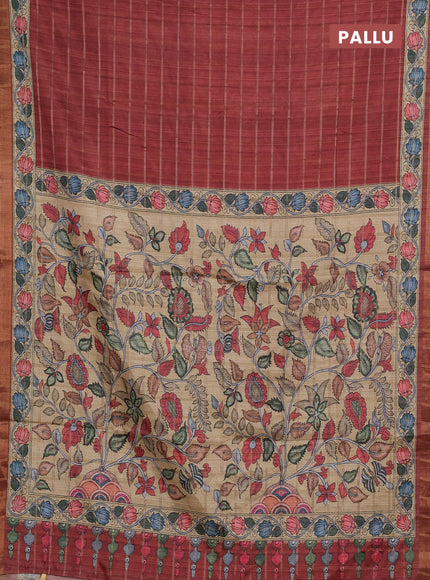 Rust & Beige Semi Tussar Saree - Kalamkari Prints