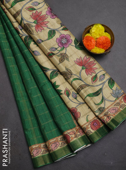 Green & Beige Semi Tussar Saree - Kalamkari Prints