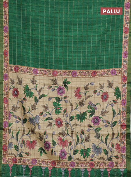 Green & Beige Semi Tussar Saree - Kalamkari Prints