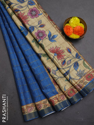 Blue & Beige Semi Tussar Saree - Kalamkari Prints
