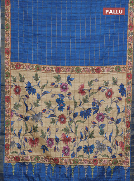 Blue & Beige Semi Tussar Saree - Kalamkari Prints