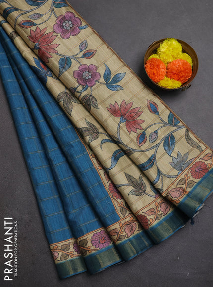 Peacock Blue & Beige Semi Tussar Saree - Kalamkari Prints