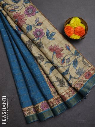 Peacock Blue & Beige Semi Tussar Saree - Kalamkari Prints