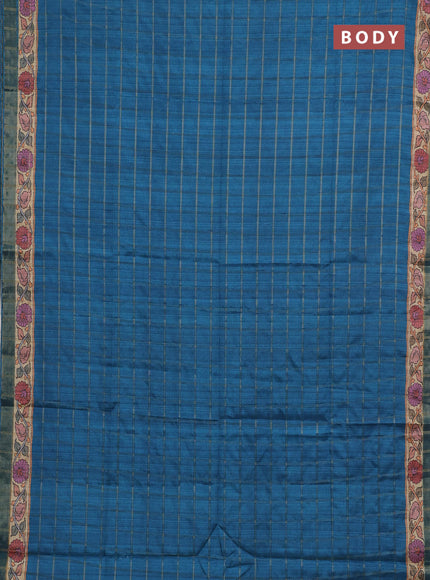 Peacock Blue & Beige Semi Tussar Saree - Kalamkari Prints