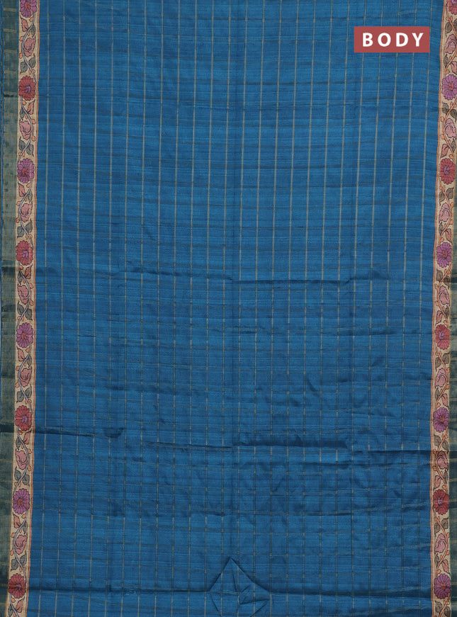 Peacock Blue & Beige Semi Tussar Saree - Kalamkari Prints