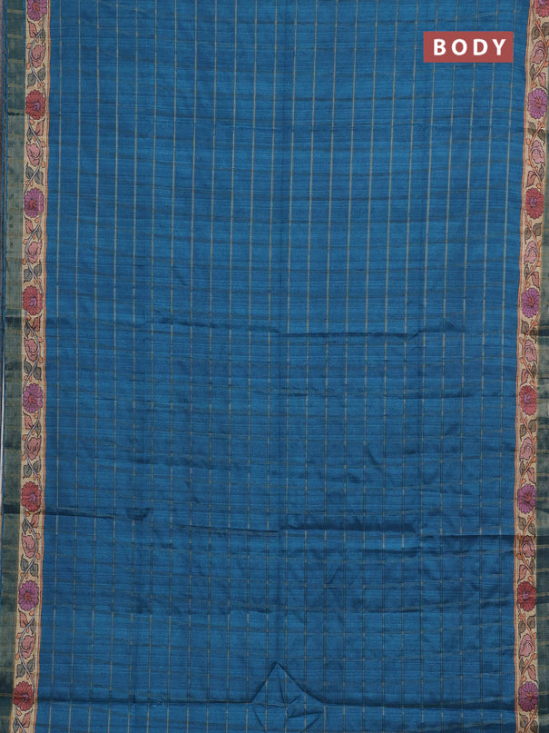 Peacock Blue & Beige Semi Tussar Saree - Kalamkari Prints