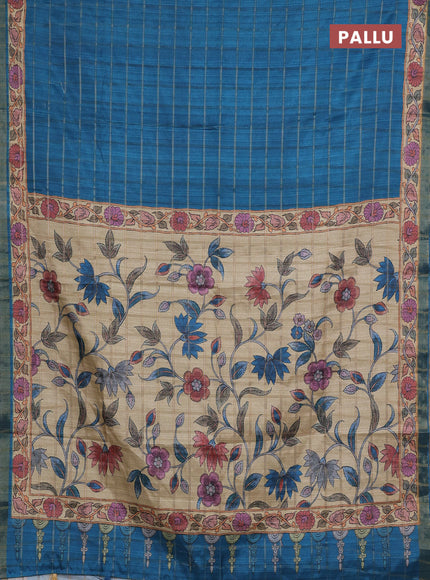 Peacock Blue & Beige Semi Tussar Saree - Kalamkari Prints