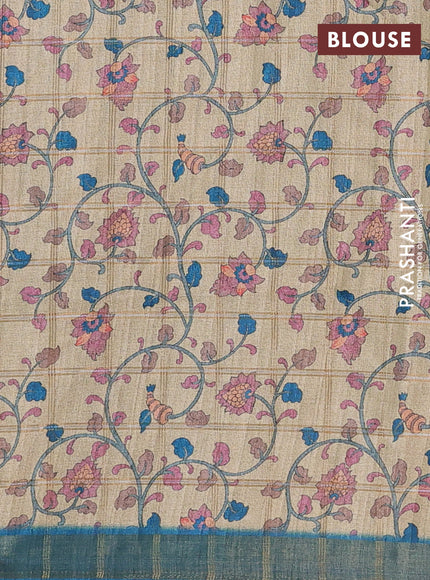 Peacock Blue & Beige Semi Tussar Saree - Kalamkari Prints