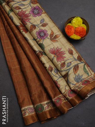 Mustard Yellow & Beige Semi Tussar Saree - Kalamkari Prints