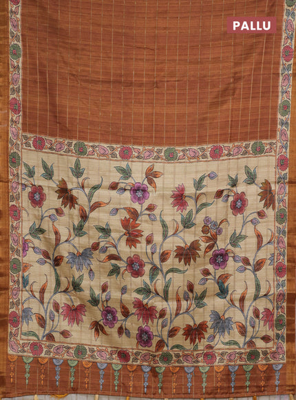 Mustard Yellow & Beige Semi Tussar Saree - Kalamkari Prints