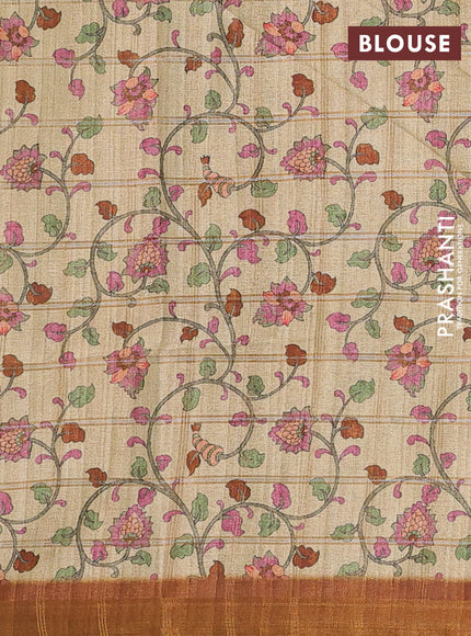 Mustard Yellow & Beige Semi Tussar Saree - Kalamkari Prints