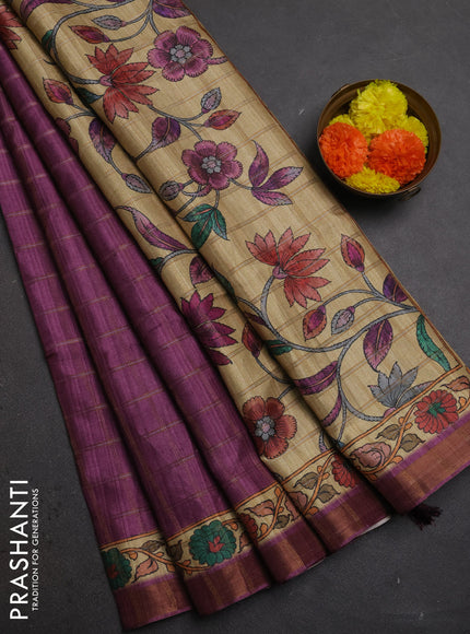 Purple & Beige Semi Tussar Saree - Kalamkari Prints