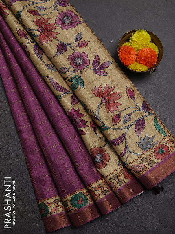 Purple & Beige Semi Tussar Saree - Kalamkari Prints