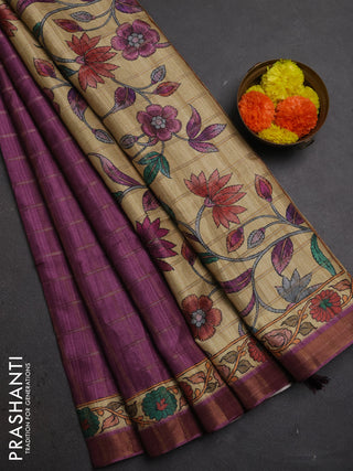 Purple & Beige Semi Tussar Saree - Kalamkari Prints