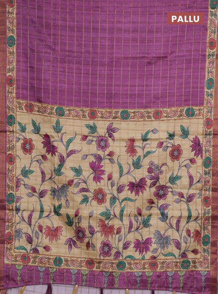 Purple & Beige Semi Tussar Saree - Kalamkari Prints