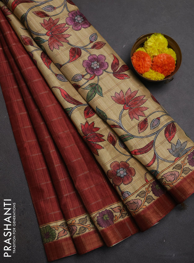 Maroon & Beige Semi Tussar Saree - Kalamkari Prints