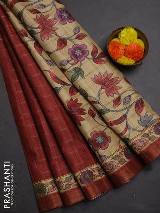 Maroon & Beige Semi Tussar Saree - Kalamkari Prints