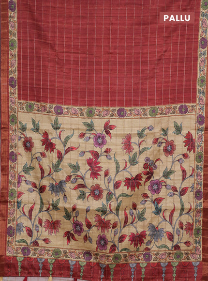 Maroon & Beige Semi Tussar Saree - Kalamkari Prints