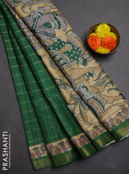 Green & Beige Semi Tussar Saree - Kalamkari Prints