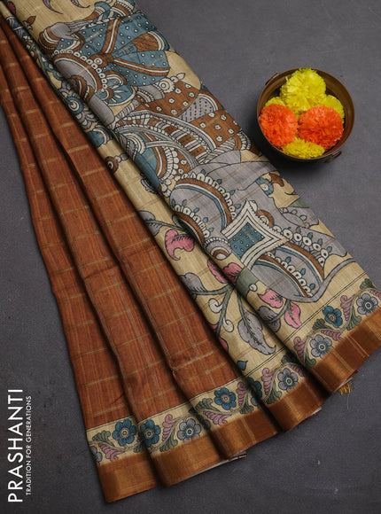 Mustard Yellow & Beige Semi Tussar Saree - Kalamkari Prints
