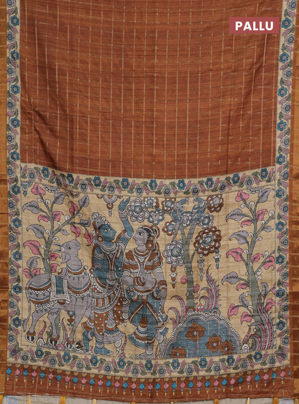 Mustard Yellow & Beige Semi Tussar Saree - Kalamkari Prints