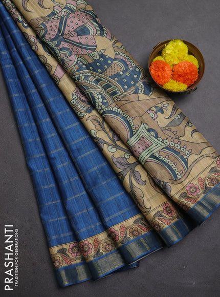 Blue & Beige Semi Tussar Saree - Kalamkari Prints