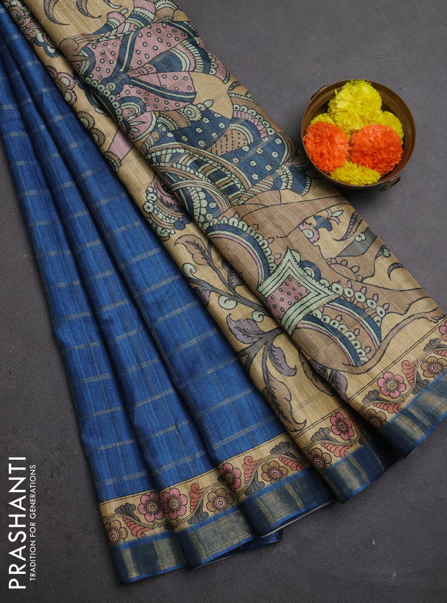Blue & Beige Semi Tussar Saree - Kalamkari Prints