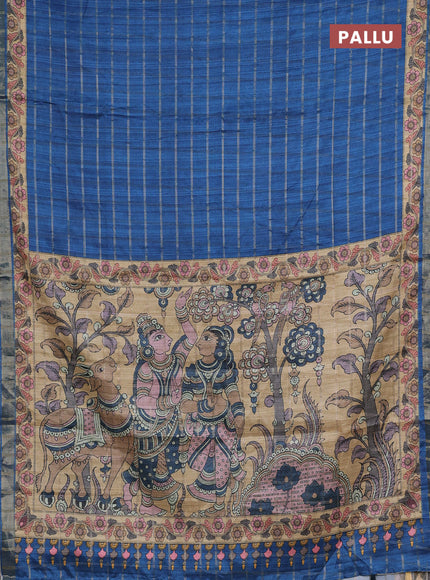 Blue & Beige Semi Tussar Saree - Kalamkari Prints