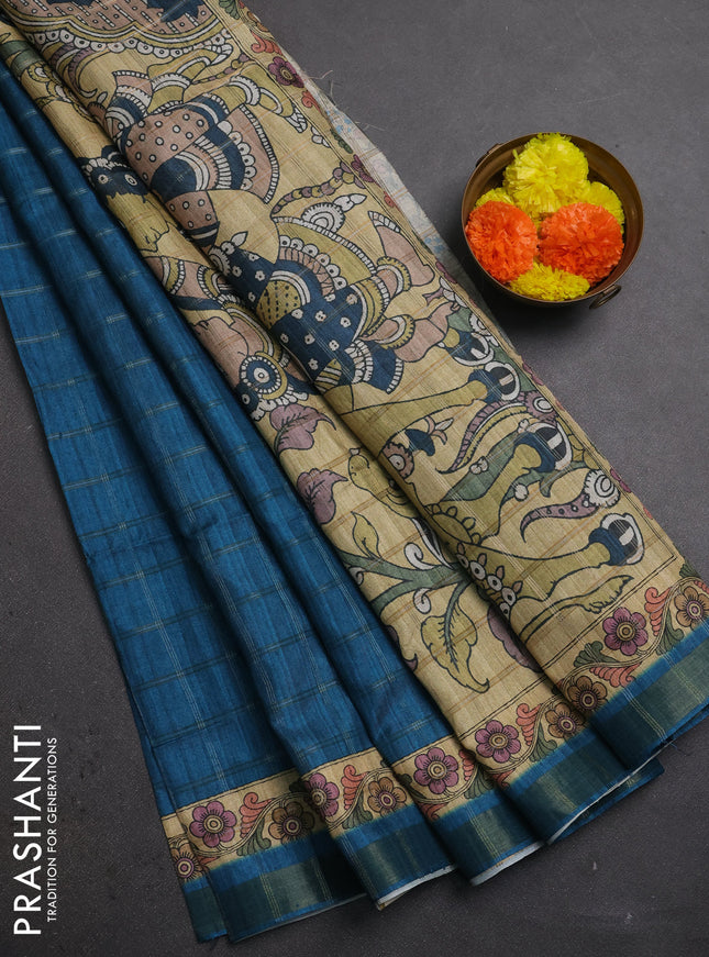 Peacock Blue & Beige Semi Tussar Saree - Kalamkari Prints