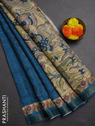Peacock Blue & Beige Semi Tussar Saree - Kalamkari Prints