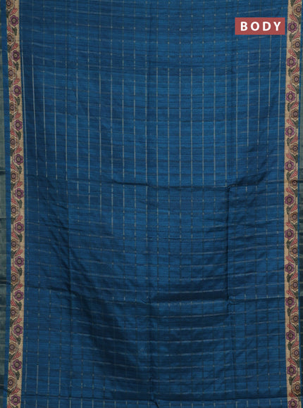 Peacock Blue & Beige Semi Tussar Saree - Kalamkari Prints