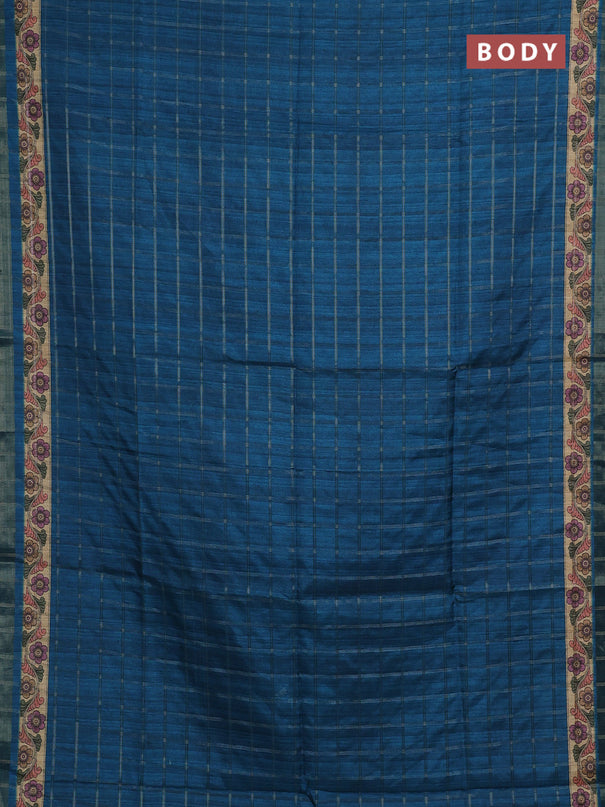 Peacock Blue & Beige Semi Tussar Saree - Kalamkari Prints