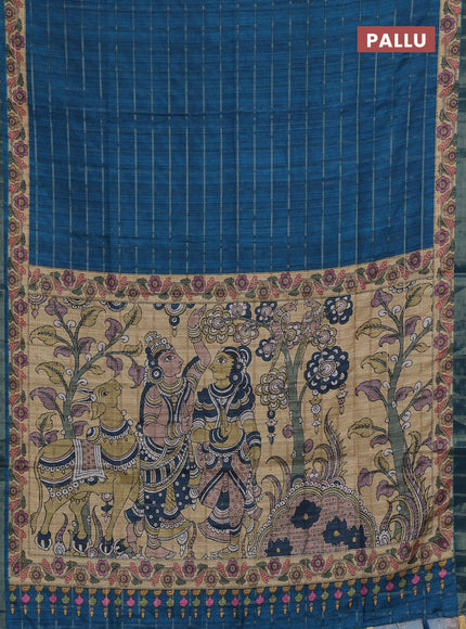 Peacock Blue & Beige Semi Tussar Saree - Kalamkari Prints