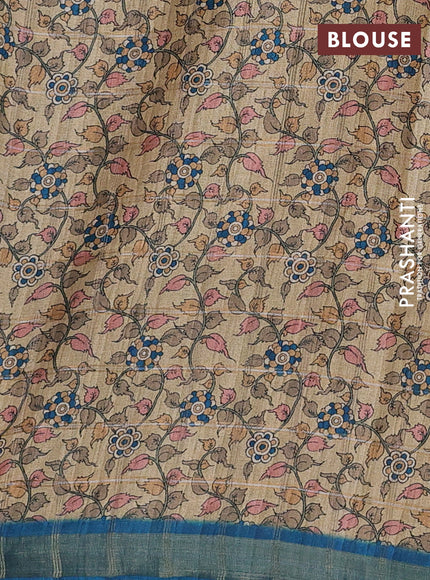 Peacock Blue & Beige Semi Tussar Saree - Kalamkari Prints