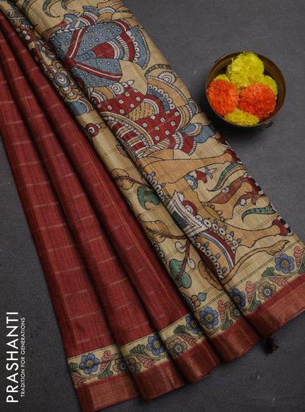 Maroon  & Beige Semi Tussar Saree - Kalamkari Prints