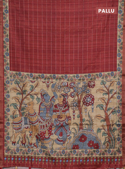 Maroon  & Beige Semi Tussar Saree - Kalamkari Prints