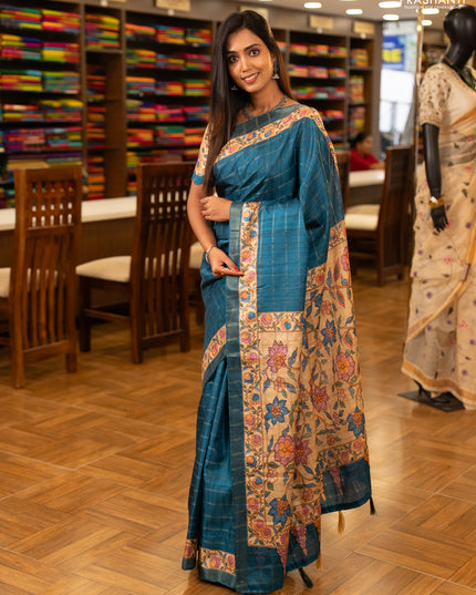 Peacock Blue & Beige Semi Tussar Saree - Kalamkari Prints