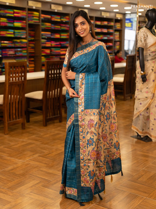 Peacock Blue & Beige Semi Tussar Saree - Kalamkari Prints