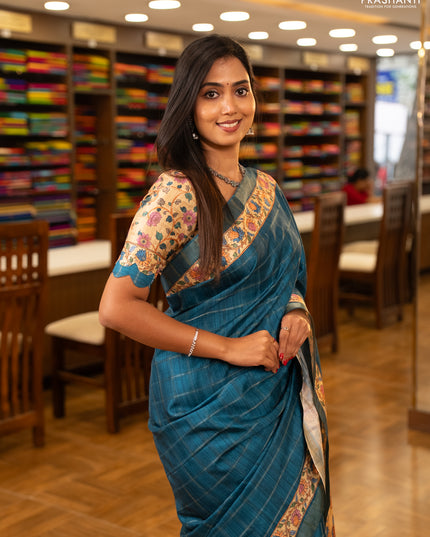 Peacock Blue & Beige Semi Tussar Saree - Kalamkari Prints
