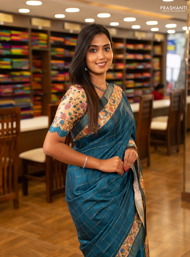 Peacock Blue & Beige Semi Tussar Saree - Kalamkari Prints