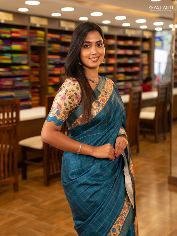 Peacock Blue & Beige Semi Tussar Saree - Kalamkari Prints